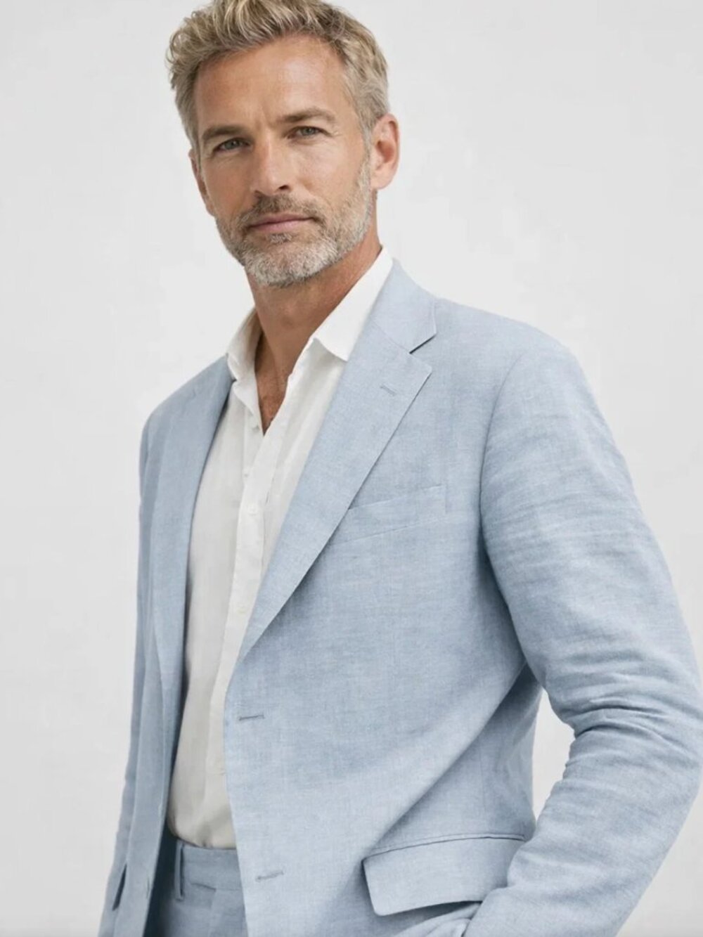 Men's Tailored Linen Two-Piece Suit, Structured Blazer & Trouser Set, Light Blue